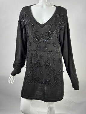 Vintage 80s Jessica Stevens Black Beaded Embellished Long Sleeve Sweater Dress M